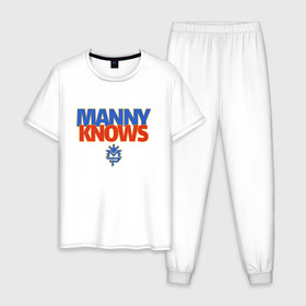 Мужская пижама хлопок с принтом Manny Knows в Санкт-Петербурге, 100% хлопок | брюки и футболка прямого кроя, без карманов, на брюках мягкая резинка на поясе и по низу штанин
 | Тематика изображения на принте: manny pacquiao | pac man | pacquiao | бокс | мэнни пакьяо | пакьяо