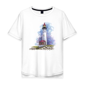 Мужская футболка хлопок Oversize с принтом Crisp Point Lighthouse в Санкт-Петербурге, 100% хлопок | свободный крой, круглый ворот, “спинка” длиннее передней части | art | katie batz | lighthouse | достопримечательности | маяк | море | отдых | пляж | туристы