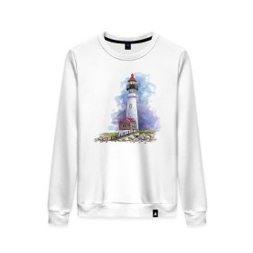 Женский свитшот хлопок с принтом Crisp Point Lighthouse в Санкт-Петербурге, 100% хлопок | прямой крой, круглый вырез, на манжетах и по низу широкая трикотажная резинка  | art | katie batz | lighthouse | достопримечательности | маяк | море | отдых | пляж | туристы