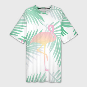 Платье-футболка 3D с принтом Фламинго в джунглях в Санкт-Петербурге,  |  | арт | джунгли | лес | леса | пальма | пальмы | папоротник | розовый фламинго | фламинго