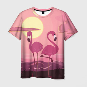 Мужская футболка 3D с принтом фламинго в Санкт-Петербурге, 100% полиэфир | прямой крой, круглый вырез горловины, длина до линии бедер | Тематика изображения на принте: flamingo | pink | арт | животные | искусство | картина | пейзаж | природа | пруд | рисунок | розовый | фламинго