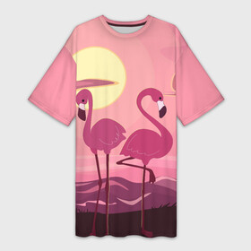 Платье-футболка 3D с принтом фламинго в Санкт-Петербурге,  |  | flamingo | pink | арт | животные | искусство | картина | пейзаж | природа | пруд | рисунок | розовый | фламинго