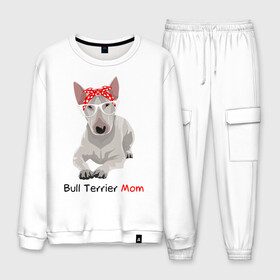 Мужской костюм хлопок с принтом Bull terrier Mom в Санкт-Петербурге, 100% хлопок | на свитшоте круглая горловина, мягкая резинка по низу. Брюки заужены к низу, на них два вида карманов: два “обычных” по бокам и два объемных, с клапанами, расположенные ниже линии бедра. Брюки с мягкой трикотажной резинкой на поясе и по низу штанин. В поясе для дополнительного комфорта — широкие завязки | Тематика изображения на принте: бультерьер | собака | собачник