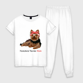 Женская пижама хлопок с принтом Yorkshire terrier mom в Санкт-Петербурге, 100% хлопок | брюки и футболка прямого кроя, без карманов, на брюках мягкая резинка на поясе и по низу штанин | йорк | йоркширский_терьер | собака | собачка