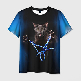 Мужская футболка 3D с принтом Грозовой кошак(громовержец) в Санкт-Петербурге, 100% полиэфир | прямой крой, круглый вырез горловины, длина до линии бедер | грозовой | громовержец | кот | кошак | молнии | разряды | черный
