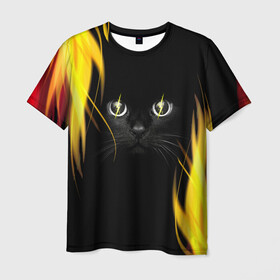 Мужская футболка 3D с принтом Грозовой кошак в Санкт-Петербурге, 100% полиэфир | прямой крой, круглый вырез горловины, длина до линии бедер | глаза | грозовой | кот | кошак | молнии | пламя | разряды | черный