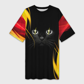 Платье-футболка 3D с принтом Грозовой кошак в Санкт-Петербурге,  |  | глаза | грозовой | кот | кошак | молнии | пламя | разряды | черный