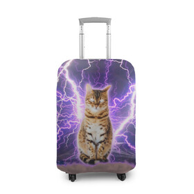 Чехол для чемодана 3D с принтом Котушка Теслы в Санкт-Петербурге, 86% полиэфир, 14% спандекс | двустороннее нанесение принта, прорези для ручек и колес | cat | lightning | lightning cat | tesla | арт с котом | грозовой кошак | катушка теслы | кот | кот мем | котейка | котушка теслы | котяра | кошак | кошка | мем с котом | молнии | тесла
