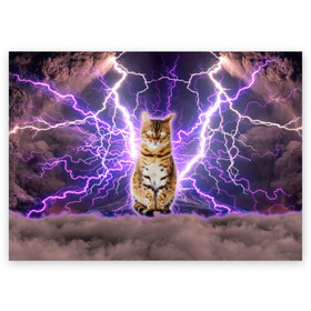 Поздравительная открытка с принтом Котушка Теслы в Санкт-Петербурге, 100% бумага | плотность бумаги 280 г/м2, матовая, на обратной стороне линовка и место для марки
 | cat | lightning | lightning cat | tesla | арт с котом | грозовой кошак | катушка теслы | кот | кот мем | котейка | котушка теслы | котяра | кошак | кошка | мем с котом | молнии | тесла