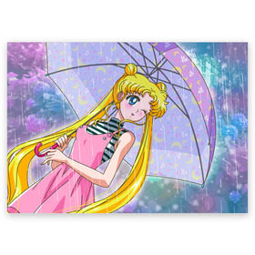 Поздравительная открытка с принтом Sailor Moon в Санкт-Петербурге, 100% бумага | плотность бумаги 280 г/м2, матовая, на обратной стороне линовка и место для марки
 | baby | bunny | girl | like | pink | sailormoon | usagi | вода капли | воин | волосы | глаза | девушка | дождь | зайчик | зонтик | котик | кролик | лето | луна | малышка | матроска | небо | облака | природа | радуга | розовый