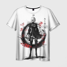 Мужская футболка 3D с принтом 2B Ink Sakura dawn в Санкт-Петербурге, 100% полиэфир | прямой крой, круглый вырез горловины, длина до линии бедер | 2a | 2b | 9s | andoird | ink | japanese | kanji | nier automata | nuar | sakura | yohra | андроид | кандзи | нуар | сакура | чернила | япония