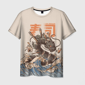 Мужская футболка 3D с принтом Sushi dragon в Санкт-Петербурге, 100% полиэфир | прямой крой, круглый вырез горловины, длина до линии бедер | Тематика изображения на принте: волны | дракон | суши | суши дракон | японские волны | японский дракон