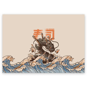 Поздравительная открытка с принтом Sushi dragon в Санкт-Петербурге, 100% бумага | плотность бумаги 280 г/м2, матовая, на обратной стороне линовка и место для марки
 | Тематика изображения на принте: волны | дракон | суши | суши дракон | японские волны | японский дракон