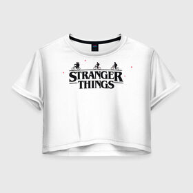 Женская футболка Crop-top 3D с принтом STRANGER THINGS в Санкт-Петербурге, 100% полиэстер | круглая горловина, длина футболки до линии талии, рукава с отворотами | netflix | stranger things | trend | арт | герой | загадочные события | кино | лого | надпись | наука | нетфликс | очень странные дела | парню | персонаж | прикольная | ребенку | сериал | тренд | фантастика