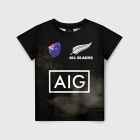 Детская футболка 3D с принтом ALL BLACKS в Санкт-Петербурге, 100% гипоаллергенный полиэфир | прямой крой, круглый вырез горловины, длина до линии бедер, чуть спущенное плечо, ткань немного тянется | Тематика изображения на принте: all blacks | new zealandd | rugby | новая зеландия | олл блэкс | регби | хака