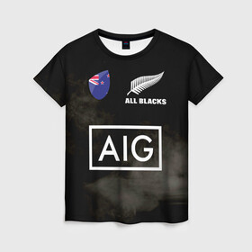 Женская футболка 3D с принтом ALL BLACKS в Санкт-Петербурге, 100% полиэфир ( синтетическое хлопкоподобное полотно) | прямой крой, круглый вырез горловины, длина до линии бедер | all blacks | new zealandd | rugby | новая зеландия | олл блэкс | регби | хака