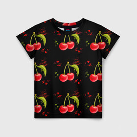 Детская футболка 3D с принтом Вишенки в Санкт-Петербурге, 100% гипоаллергенный полиэфир | прямой крой, круглый вырез горловины, длина до линии бедер, чуть спущенное плечо, ткань немного тянется | Тематика изображения на принте: брызги | вишня | красный | сочно | ягода