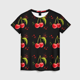 Женская футболка 3D с принтом Вишенки в Санкт-Петербурге, 100% полиэфир ( синтетическое хлопкоподобное полотно) | прямой крой, круглый вырез горловины, длина до линии бедер | брызги | вишня | красный | сочно | ягода