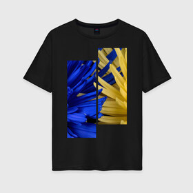 Женская футболка хлопок Oversize с принтом Украинский акцент в Санкт-Петербурге, 100% хлопок | свободный крой, круглый ворот, спущенный рукав, длина до линии бедер
 | жёлтый | намёк | пионы | синий | украина | украинский флаг | флаг | цвет | цвет флага | цветы
