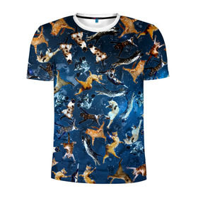 Мужская футболка 3D спортивная с принтом Космические коты в Санкт-Петербурге, 100% полиэстер с улучшенными характеристиками | приталенный силуэт, круглая горловина, широкие плечи, сужается к линии бедра | галактика | звезды | космос | кот | котики | кошак | кошка | паттрен