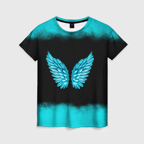 Женская футболка 3D с принтом Крылья Ангела в Санкт-Петербурге, 100% полиэфир ( синтетическое хлопкоподобное полотно) | прямой крой, круглый вырез горловины, длина до линии бедер | angel | neon | ангел | дым | космос | крылья | небо | неон | неоновый | облака | перья | птица | свет | текстура | туман | яркий