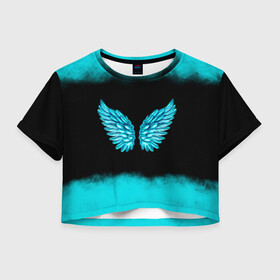 Женская футболка Crop-top 3D с принтом Крылья Ангела в Санкт-Петербурге, 100% полиэстер | круглая горловина, длина футболки до линии талии, рукава с отворотами | angel | neon | ангел | дым | космос | крылья | небо | неон | неоновый | облака | перья | птица | свет | текстура | туман | яркий