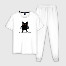 Мужская пижама хлопок с принтом Кот быканул мем в Санкт-Петербурге, 100% хлопок | брюки и футболка прямого кроя, без карманов, на брюках мягкая резинка на поясе и по низу штанин
 | Тематика изображения на принте: angry | bad | cat | kitty | meme | memes | pussycat | быканул | злобный | злодей | злой кот | киса | кот | котенок | котик | мем | мемас | мемасик | мемы | опасный | страшный | угрожает | угроза