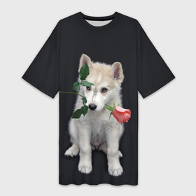 Платье-футболка 3D с принтом Щенок в подарок в Санкт-Петербурге,  |  | 8 марта щенок | husky | siberian husky | белый щенок | лайка | собака на день рождения | собака с розой | собака с цветком | хаски | щенок | щенок 8 марта | щенок лайки | щенок на 8 марта | щенок на день рождения