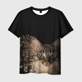 Мужская футболка 3D с принтом Disintegrating Cat в Санкт-Петербурге, 100% полиэфир | прямой крой, круглый вырез горловины, длина до линии бедер | cat | азулес | атомный кот | голубоглазая кошка | голубоглазый кот | голубоглазый котик | кот | кот к | кот распадающийся на атомы | кот с голубыми глазами | котик | котэ | кошак | кошачий портрет