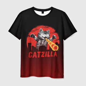 Мужская футболка 3D с принтом CATZILLA в Санкт-Петербурге, 100% полиэфир | прямой крой, круглый вырез горловины, длина до линии бедер | Тематика изображения на принте: catzilla | годзилла | кот | котик | кошка | кэтзилла | мимими | прикол | прикольная