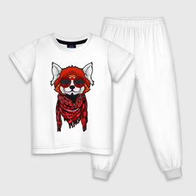 Детская пижама хлопок с принтом Красная панда в Санкт-Петербурге, 100% хлопок |  брюки и футболка прямого кроя, без карманов, на брюках мягкая резинка на поясе и по низу штанин
 | cool | cute | fashion | panda | red | в очках | забавная | красная | крутая | милая | модная | очки | панда | пандарен | пандочка | пандочки | панды | смешная | солнечные очки | улыбается