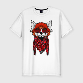 Мужская футболка хлопок Slim с принтом Красная панда в Санкт-Петербурге, 92% хлопок, 8% лайкра | приталенный силуэт, круглый вырез ворота, длина до линии бедра, короткий рукав | Тематика изображения на принте: cool | cute | fashion | panda | red | в очках | забавная | красная | крутая | милая | модная | очки | панда | пандарен | пандочка | пандочки | панды | смешная | солнечные очки | улыбается