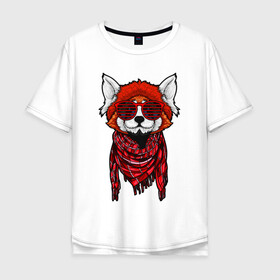 Мужская футболка хлопок Oversize с принтом Красная панда в Санкт-Петербурге, 100% хлопок | свободный крой, круглый ворот, “спинка” длиннее передней части | Тематика изображения на принте: cool | cute | fashion | panda | red | в очках | забавная | красная | крутая | милая | модная | очки | панда | пандарен | пандочка | пандочки | панды | смешная | солнечные очки | улыбается