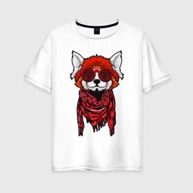 Женская футболка хлопок Oversize с принтом Красная панда в Санкт-Петербурге, 100% хлопок | свободный крой, круглый ворот, спущенный рукав, длина до линии бедер
 | cool | cute | fashion | panda | red | в очках | забавная | красная | крутая | милая | модная | очки | панда | пандарен | пандочка | пандочки | панды | смешная | солнечные очки | улыбается