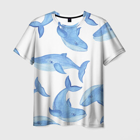 Мужская футболка 3D с принтом Косяк китов в Санкт-Петербурге, 100% полиэфир | прямой крой, круглый вырез горловины, длина до линии бедер | Тематика изображения на принте: арт | карандашом | кит | киты | красками | море | моря | океан | океаны | под водой | рисунок