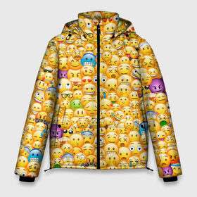 Мужская зимняя куртка 3D с принтом Смайлики Emoji в Санкт-Петербурге, верх — 100% полиэстер; подкладка — 100% полиэстер; утеплитель — 100% полиэстер | длина ниже бедра, свободный силуэт Оверсайз. Есть воротник-стойка, отстегивающийся капюшон и ветрозащитная планка. 

Боковые карманы с листочкой на кнопках и внутренний карман на молнии. | Тематика изображения на принте: emoji | smile | sticker | грусть | любовь | печаль | плачь | смайлики | стикеры | текстура | улыбка | эмоджи | эмодзи