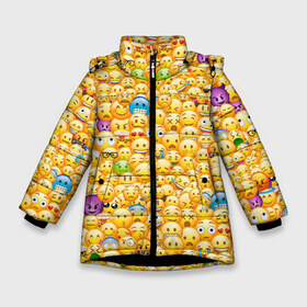 Зимняя куртка для девочек 3D с принтом Смайлики Emoji в Санкт-Петербурге, ткань верха — 100% полиэстер; подклад — 100% полиэстер, утеплитель — 100% полиэстер. | длина ниже бедра, удлиненная спинка, воротник стойка и отстегивающийся капюшон. Есть боковые карманы с листочкой на кнопках, утяжки по низу изделия и внутренний карман на молнии. 

Предусмотрены светоотражающий принт на спинке, радужный светоотражающий элемент на пуллере молнии и на резинке для утяжки. | Тематика изображения на принте: emoji | smile | sticker | грусть | любовь | печаль | плачь | смайлики | стикеры | текстура | улыбка | эмоджи | эмодзи