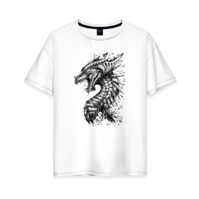 Женская футболка хлопок Oversize с принтом Китайский дракон арт в Санкт-Петербурге, 100% хлопок | свободный крой, круглый ворот, спущенный рукав, длина до линии бедер
 | арт | динозавр | дракон | дракон арт | драконий рев | зубы | китайский дракон | китайский дракон арт | клыки | крутой дракон | оскал | рев | серый | черно белый | чешуя | ящерица