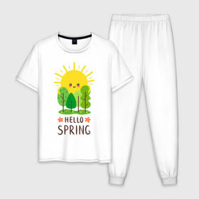 Мужская пижама хлопок с принтом Hello Spring в Санкт-Петербурге, 100% хлопок | брюки и футболка прямого кроя, без карманов, на брюках мягкая резинка на поясе и по низу штанин
 | 2020 | арт | весна | деревья | лес | солнце | солнышко | цветы