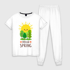 Женская пижама хлопок с принтом Hello Spring в Санкт-Петербурге, 100% хлопок | брюки и футболка прямого кроя, без карманов, на брюках мягкая резинка на поясе и по низу штанин | 2020 | арт | весна | деревья | лес | солнце | солнышко | цветы