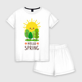Женская пижама с шортиками хлопок с принтом Hello Spring в Санкт-Петербурге, 100% хлопок | футболка прямого кроя, шорты свободные с широкой мягкой резинкой | 2020 | арт | весна | деревья | лес | солнце | солнышко | цветы