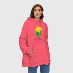 Худи SuperOversize хлопок с принтом Hello Spring в Санкт-Петербурге, 70% хлопок, 30% полиэстер, мягкий начес внутри | карман-кенгуру, эластичная резинка на манжетах и по нижней кромке, двухслойный капюшон
 | 2020 | арт | весна | деревья | лес | солнце | солнышко | цветы