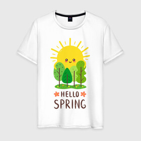 Мужская футболка хлопок с принтом Hello Spring в Санкт-Петербурге, 100% хлопок | прямой крой, круглый вырез горловины, длина до линии бедер, слегка спущенное плечо. | 2020 | арт | весна | деревья | лес | солнце | солнышко | цветы