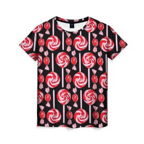 Женская футболка 3D с принтом Леденцы в Санкт-Петербурге, 100% полиэфир ( синтетическое хлопкоподобное полотно) | прямой крой, круглый вырез горловины, длина до линии бедер | конфеты | красный | леденцы | сладость | черный