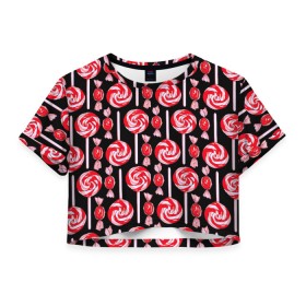 Женская футболка Crop-top 3D с принтом Леденцы в Санкт-Петербурге, 100% полиэстер | круглая горловина, длина футболки до линии талии, рукава с отворотами | конфеты | красный | леденцы | сладость | черный