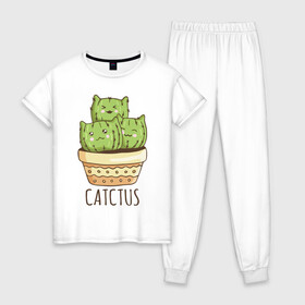 Женская пижама хлопок с принтом Catctus в Санкт-Петербурге, 100% хлопок | брюки и футболка прямого кроя, без карманов, на брюках мягкая резинка на поясе и по низу штанин | Тематика изображения на принте: art | cactus | cats | kittens | pot | арт | горшок | кактус | коты | котята | кошки