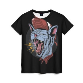 Женская футболка 3D с принтом Rock n Roll Cat в Санкт-Петербурге, 100% полиэфир ( синтетическое хлопкоподобное полотно) | прямой крой, круглый вырез горловины, длина до линии бедер | 