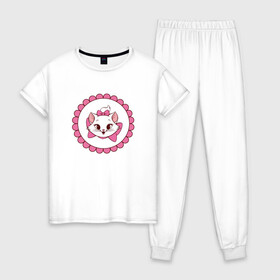 Женская пижама хлопок с принтом Кошечка Мари в Санкт-Петербурге, 100% хлопок | брюки и футболка прямого кроя, без карманов, на брюках мягкая резинка на поясе и по низу штанин | 
