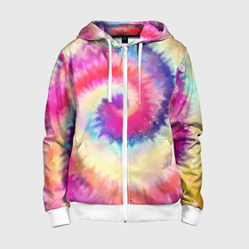 Детская толстовка 3D на молнии с принтом Tie Dye vortex в Санкт-Петербурге, 100% полиэстер |  манжеты и пояс оформлены широкой мягкой резинкой, двухслойный капюшон со шнурком для регулировки, спереди карманы и застежка-молния
 | Тематика изображения на принте: art | hype | maelstrom | swirl | tie dye | trend | vortex | акварель | акрил | арт | буйство | вихрь | дизайн | завихрение | краски | красок | тай дай | торнадо | тренд | трендовая | хайповая