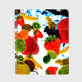Тетрадь с принтом фрукты в Санкт-Петербурге, 100% бумага | 48 листов, плотность листов — 60 г/м2, плотность картонной обложки — 250 г/м2. Листы скреплены сбоку удобной пружинной спиралью. Уголки страниц и обложки скругленные. Цвет линий — светло-серый
 | doodling | pattern | textures | tiles | банан | дудлинг | овощи | паттерны | скатерть | тайлы | текстуры | фон | фрукты